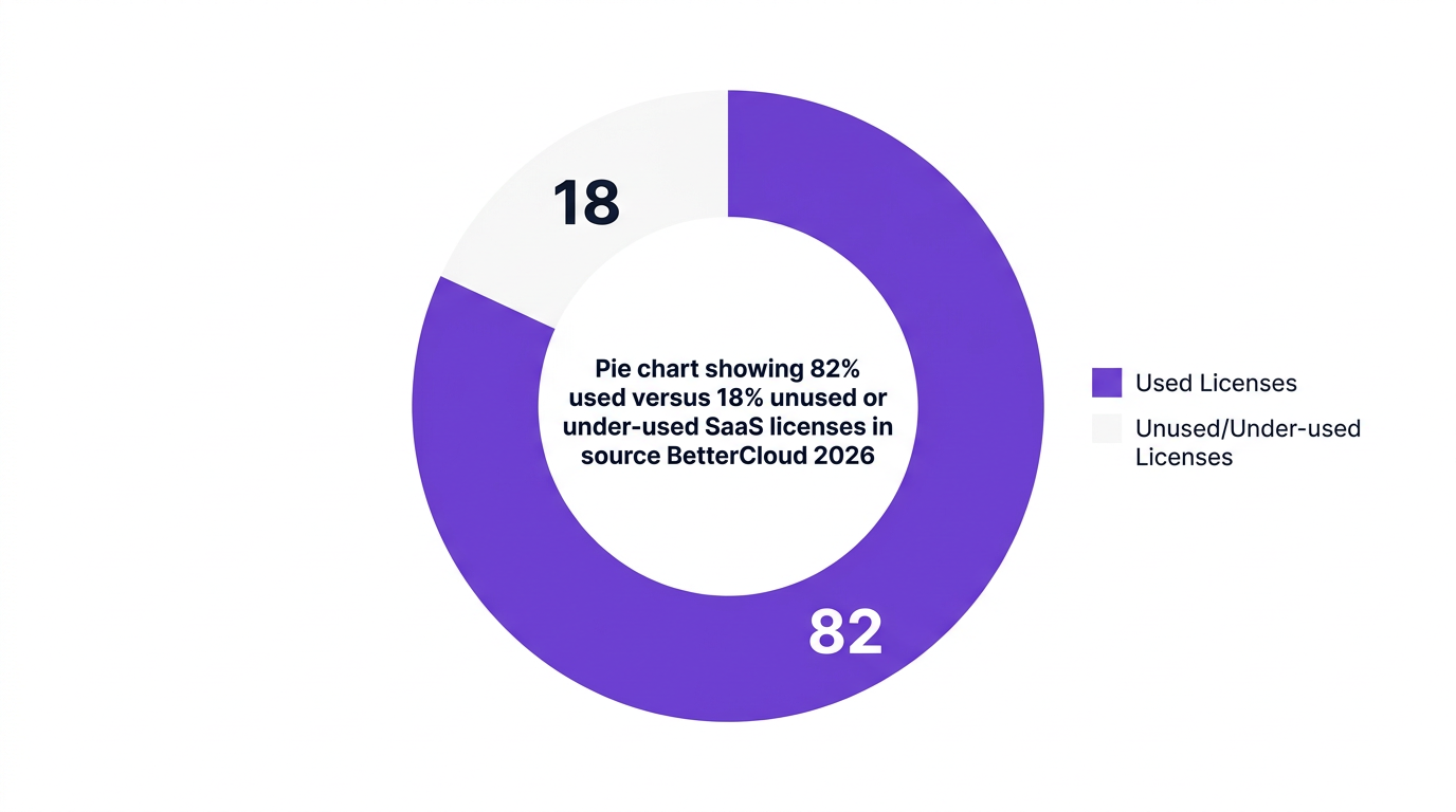 Pie chart showing pie chart showing 82% used versus 18% unused or under-used saas licenses in enterprises, source bettercloud 2026 — data visualization for saas license utilization in enterprises (2026)