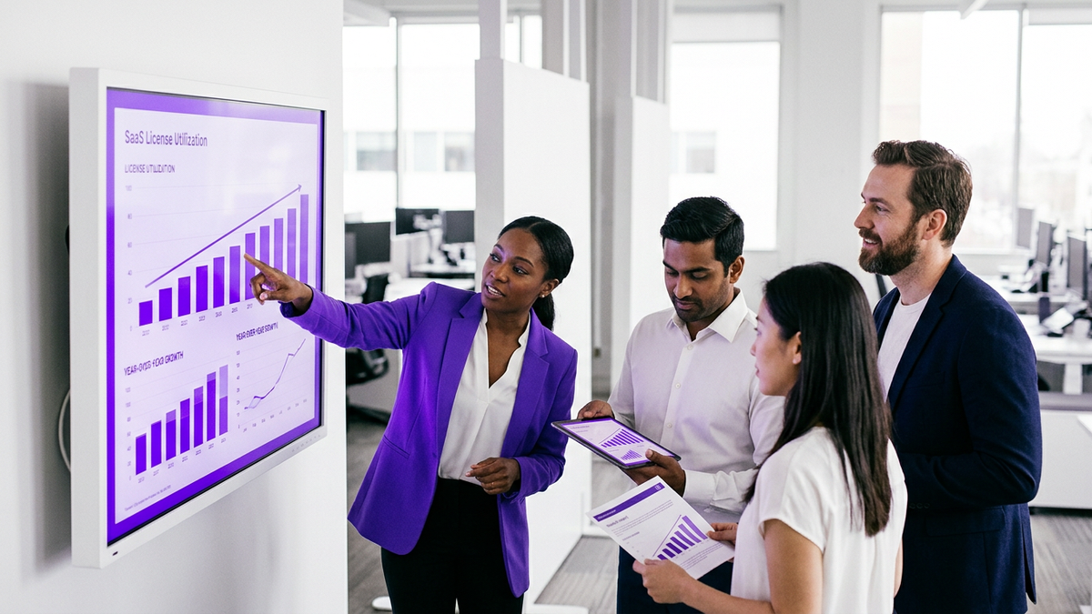 Diverse group of IT and finance professionals collaborating around a large monitor displaying SaaS license analytics and cost metrics
