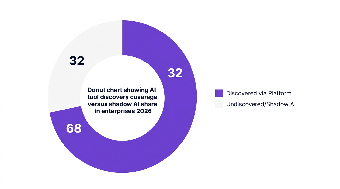 Pie chart showing donut chart showing ai tool discovery coverage versus shadow ai share in enterprises 2026 — data visualization for ai tool discovery coverage (2026)