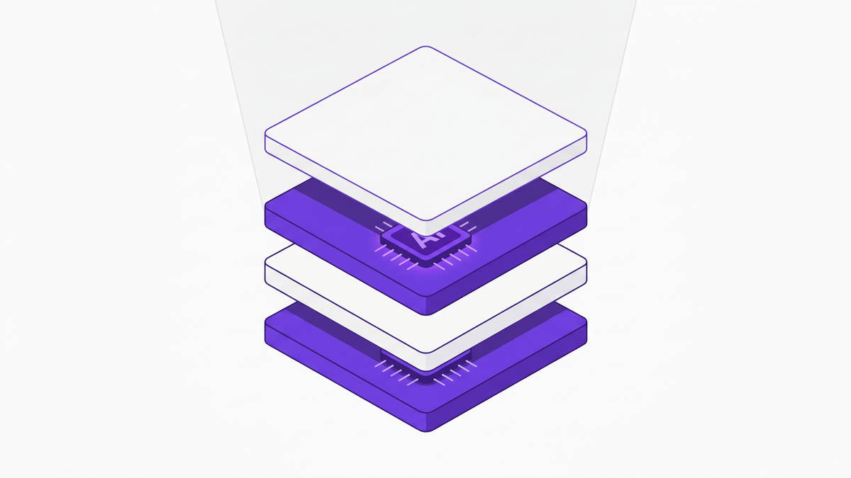Flat isometric illustration of layered SaaS app stack with visible and hidden AI chips embedded inside the layers