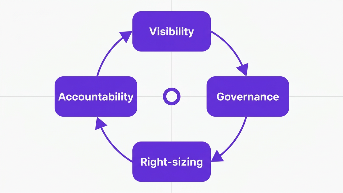 Four-step circular loop diagram illustrating the V-G-R-A framework: Visibility, Governance, Right-sizing, Accountability