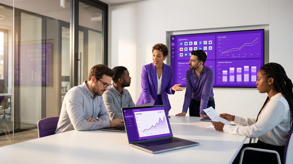 Diverse enterprise team in a modern meeting room reviewing fragmented AI app dashboards and cost charts on a large screen