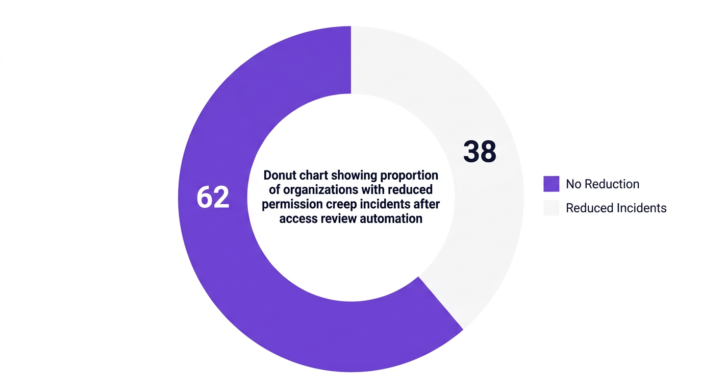 Pie chart showing donut chart showing proportion of organizations with reduced permission creep incidents after m365 access review automation — data visualization for impact of automated microsoft 365 access reviews on permission creep incidents (2026)