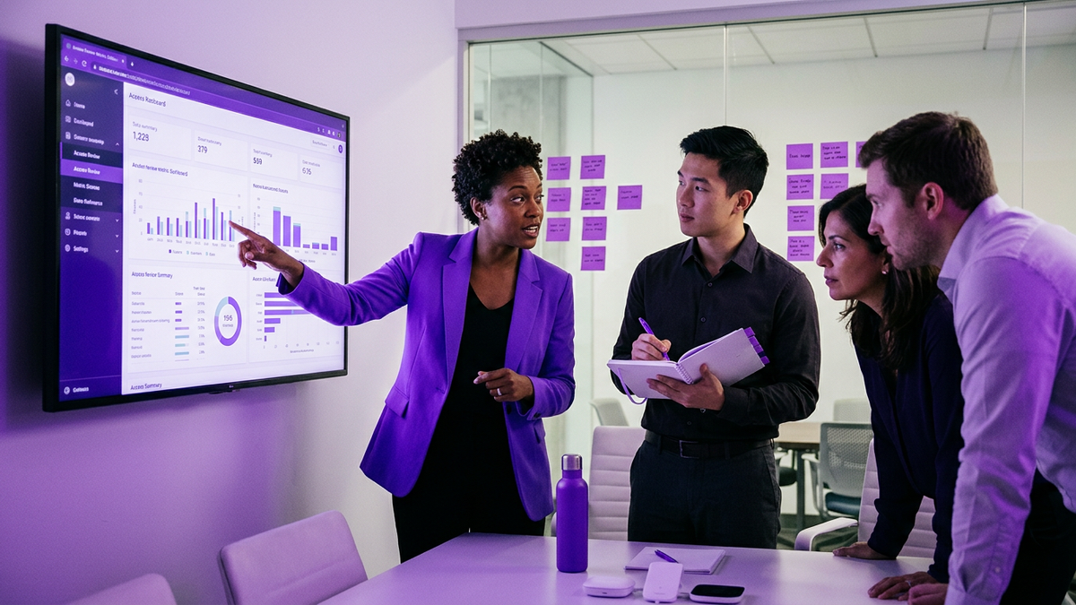 Enterprise security and IT leaders in a conference room reviewing access review dashboards on a large screen