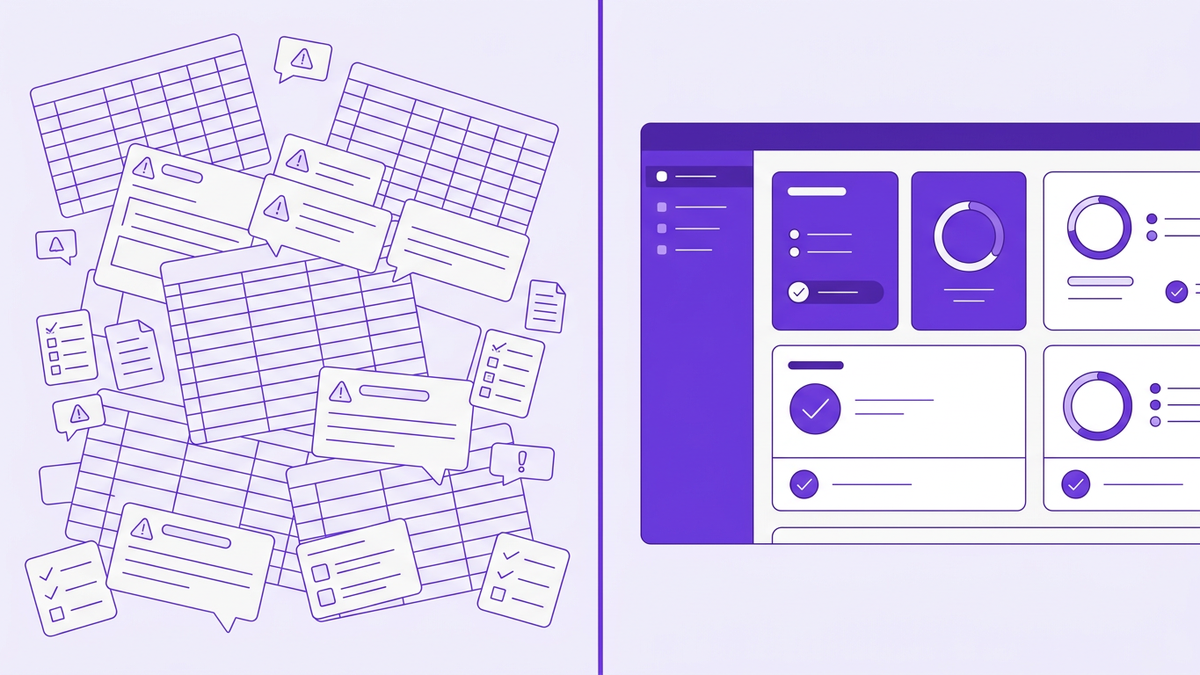 Split-screen flat illustration contrasting chaotic manual spreadsheet-based access certification with a clean automated governance dashboard