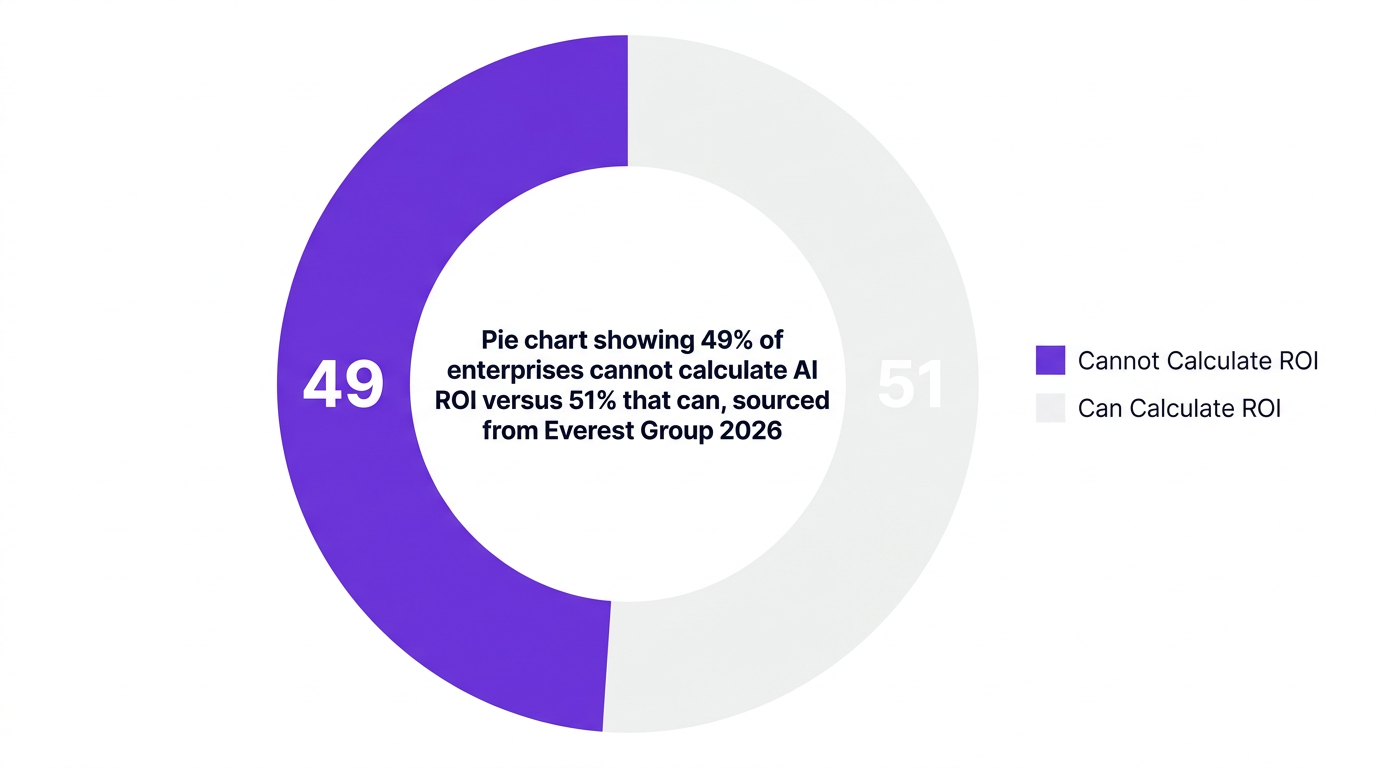 Pie chart showing pie chart showing 49% of enterprises cannot calculate ai roi versus 51% that can, sourced from everest group 2026 — data visualization for proportion of enterprises unable to calculate ai roi (2026)