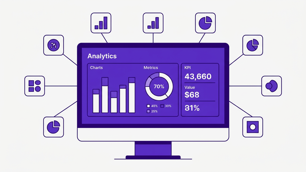 Flat editorial illustration of a central AI ROI analytics dashboard receiving data feeds from surrounding SaaS app icon tiles