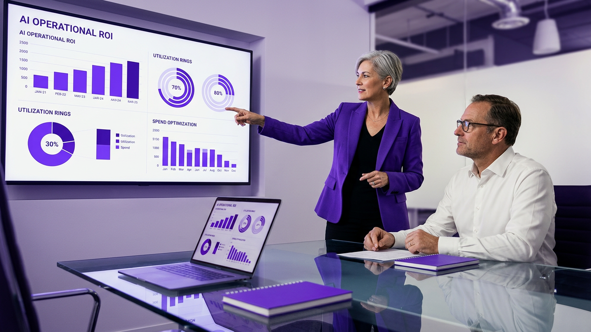 CIO and CFO collaborating in a modern conference room while reviewing AI analytics dashboards on a large wall display