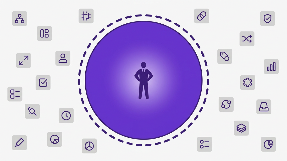 Illustration of an IT manager at a central governance console while unauthorized shadow IT app icons scatter outside the controlled boundary