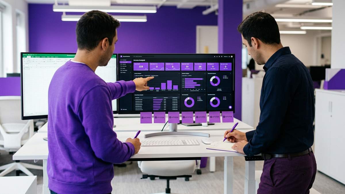 IT and security professionals collaborating at a modern workspace while reviewing SaaS access dashboards on monitors