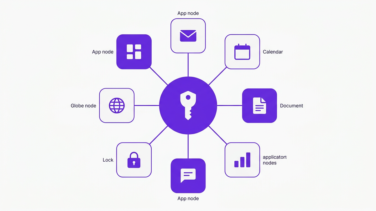 Flat editorial illustration of Google Workspace as a central identity hub connected to multiple SaaS application nodes