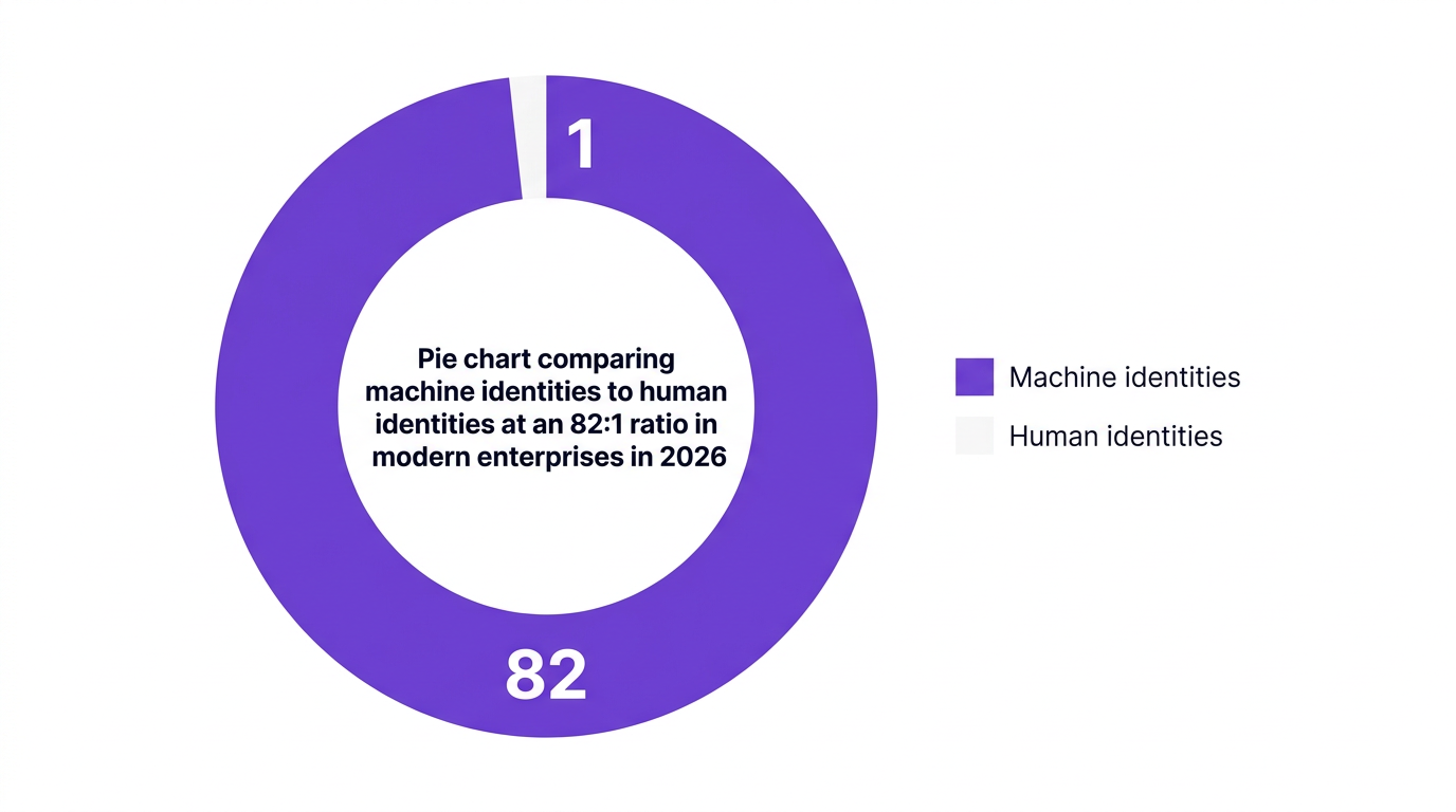 Pie chart comparing machine identities to human identities at an 82:1 ratio in modern enterprises in 2026