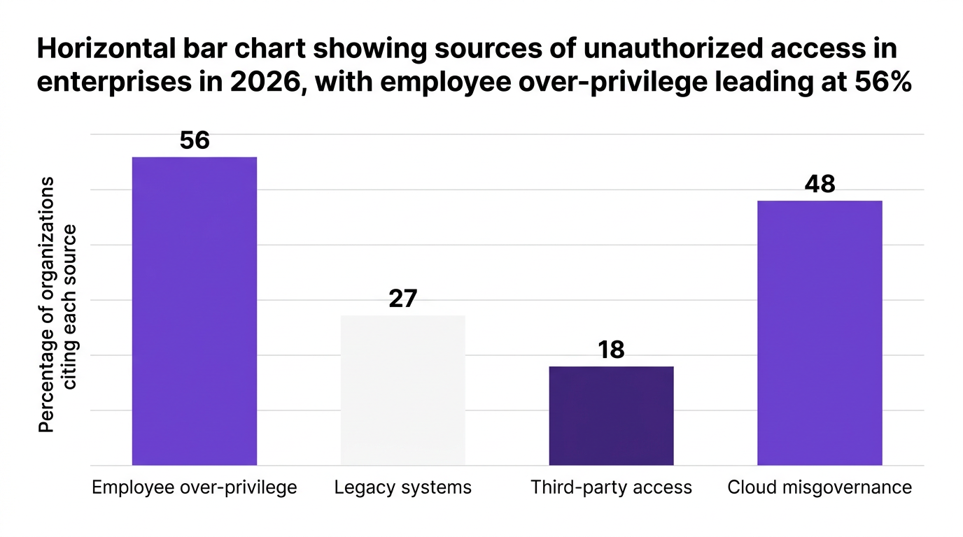 Horizontal bar chart showing sources of unauthorized access in enterprises in 2026, with employee over-privilege leading at 56%
