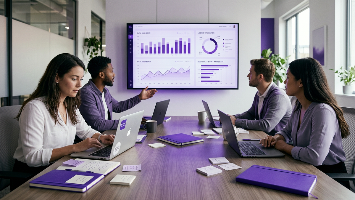 IT and finance professionals collaborating around a conference table with laptops and a large screen showing charts for Microsoft 365 true-up planning
