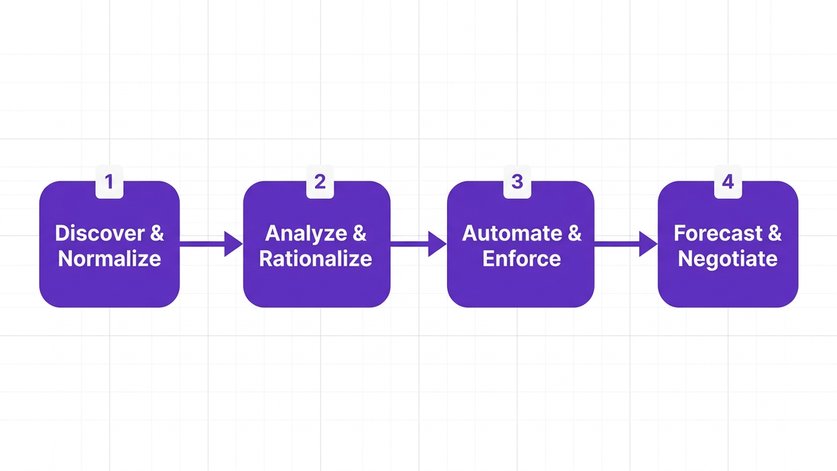 Four-step True-Up Control Loop process diagram: Discover & Normalize, Analyze & Rationalize, Automate & Enforce, Forecast & Negotiate