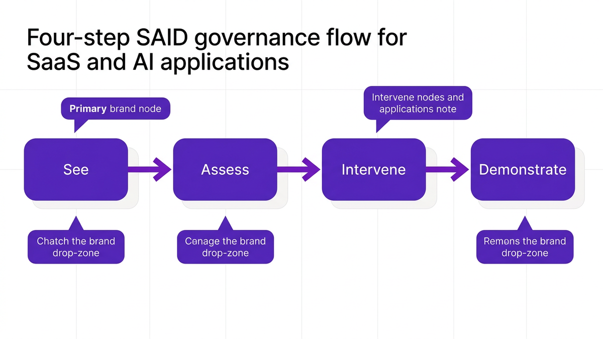 Four-step SAID Framework diagram labeled See, Assess, Intervene, Demonstrate showing the SaaS and AI governance flow