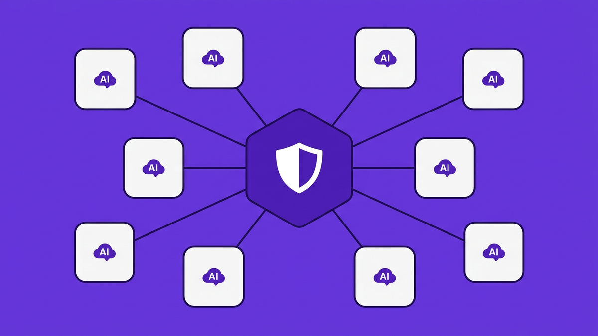 Conceptual flat illustration of a central CloudNuro-style dashboard hub connected to multiple SaaS and AI app icons with a security shield overlay