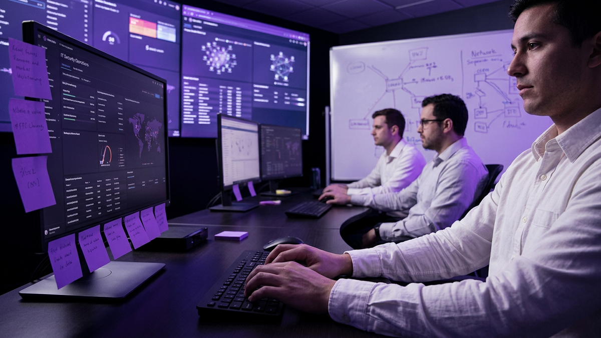 IT security team in a modern operations center reviewing multiple monitoring dashboards, illustrating the case study on AI-native shadow app discovery