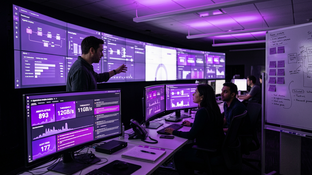 IT and data leaders in a modern operations center monitoring AI-driven analytics on large dynamic screens