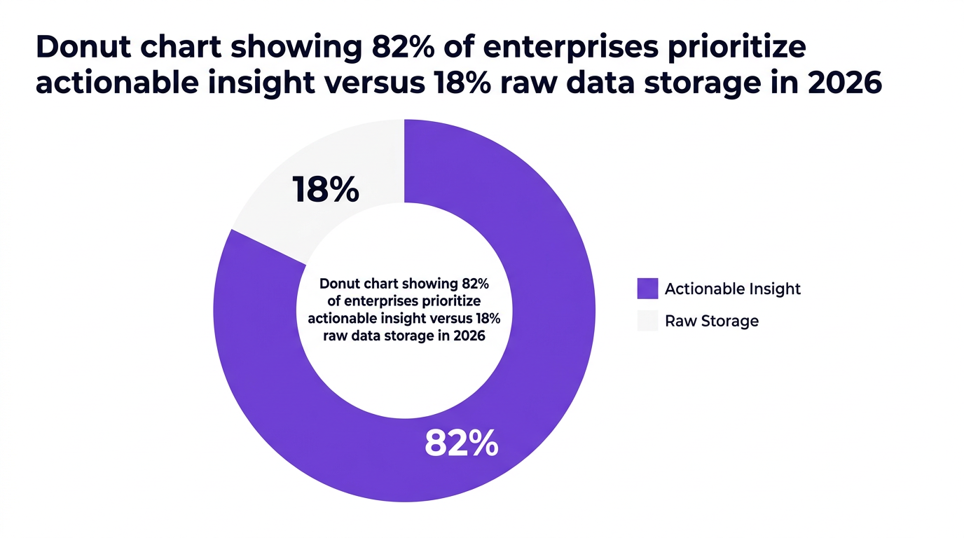 Pie chart showing donut chart showing 82% of enterprises prioritize actionable insight versus 18% raw data storage in 2026 — data visualization for enterprise priorities: actionable insight vs. raw data storage (2026)