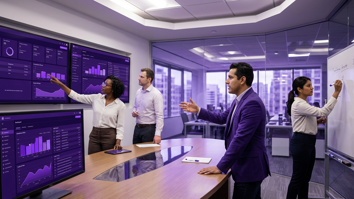 Enterprise governance team collaborating over security dashboards showing LLM prompt cache compliance data