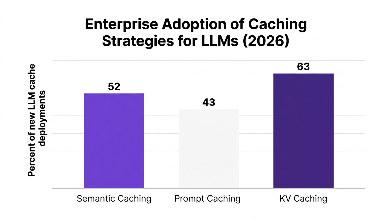 Bar chart showing enterprise adoption of caching strategies for llms (2026) — data visualization for percent of new llm cache deployments