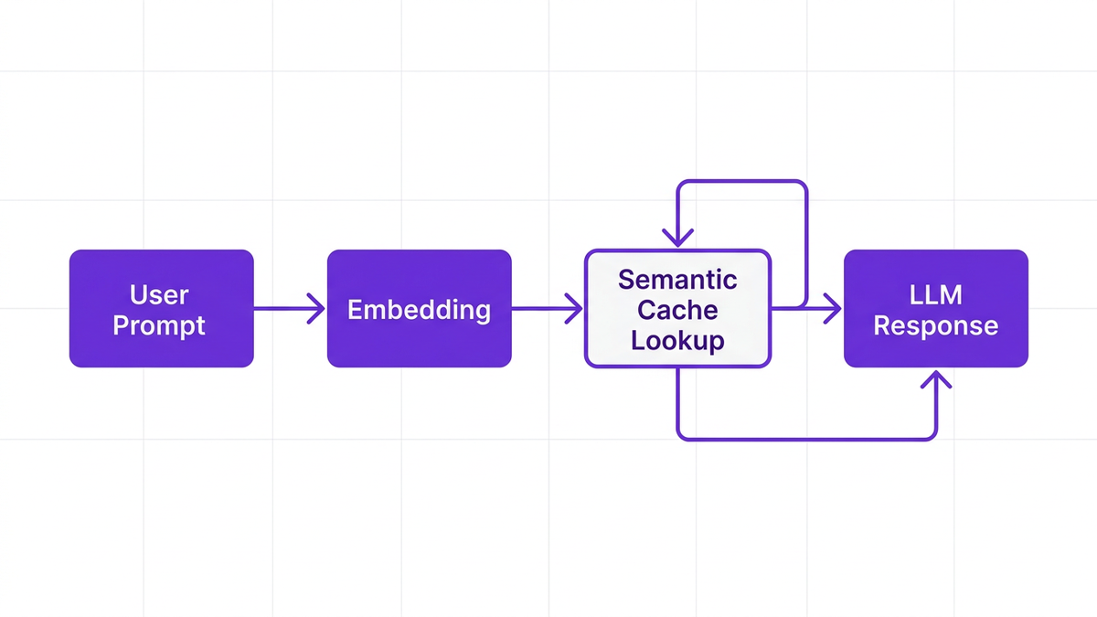Process diagram showing the semantic caching flow from user prompt through embedding and cache lookup to LLM response
