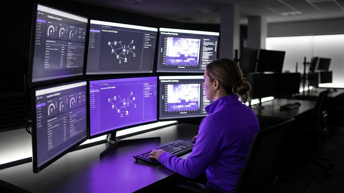 Security operations center with large compliance and monitoring dashboards glowing in a dim room, illustrating LLM cache governance and security oversight