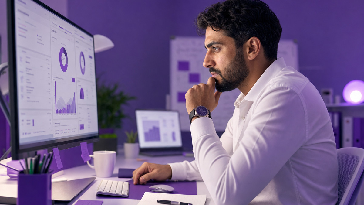 Professional editorial photograph of an IT leader managing security compliance on a dashboard