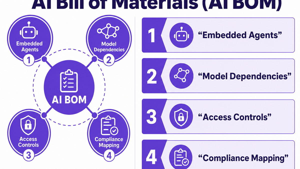 Infographic clearly mapping out the structural components of an enterprise AI Bill of Materials (AI BOM).