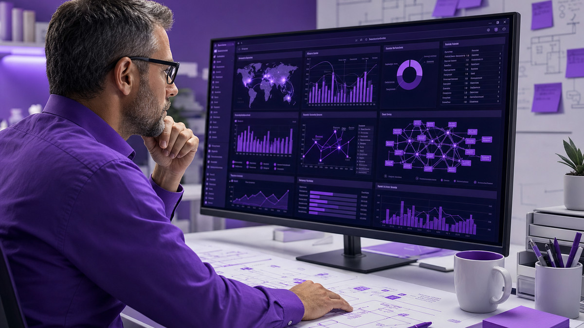 High-quality enterprise workplace photograph of a modern IT leader closely reviewing a centralized continuous discovery dashboard on a large monitor.