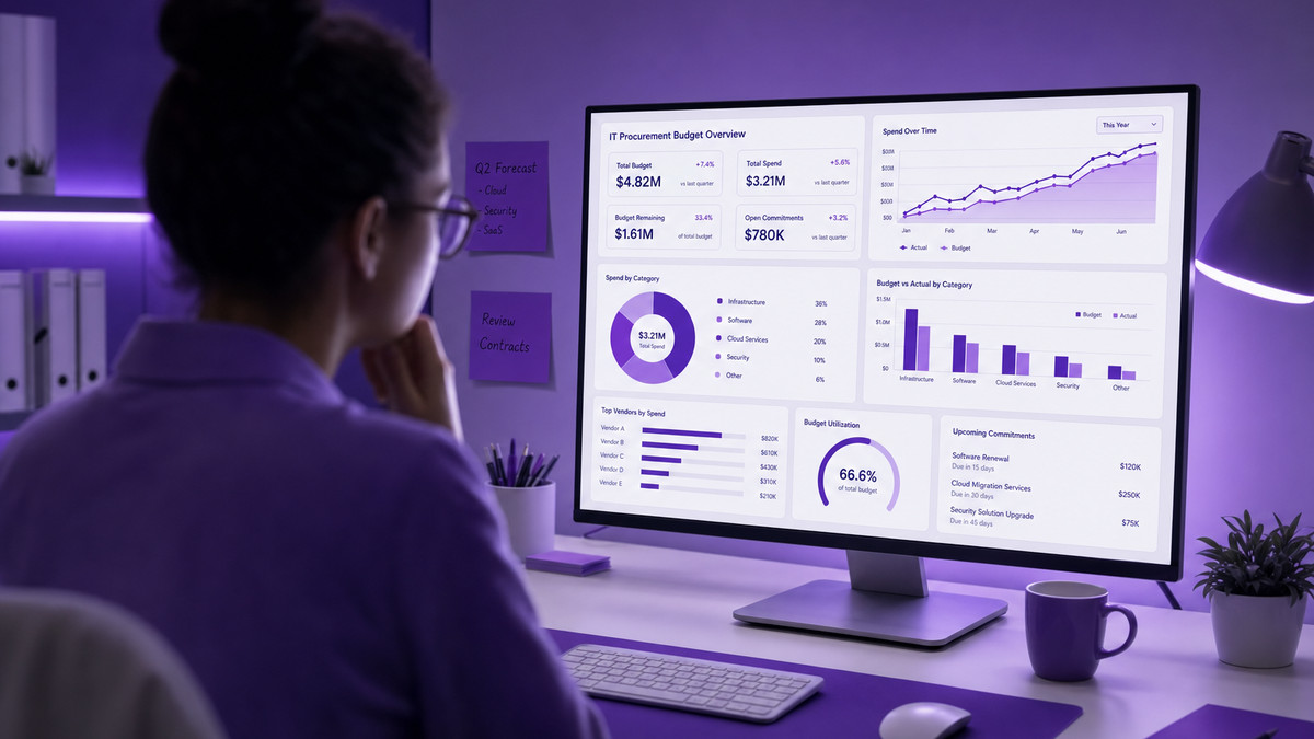 Ground the narrative by showing a professional closely managing complex procurement datasets.