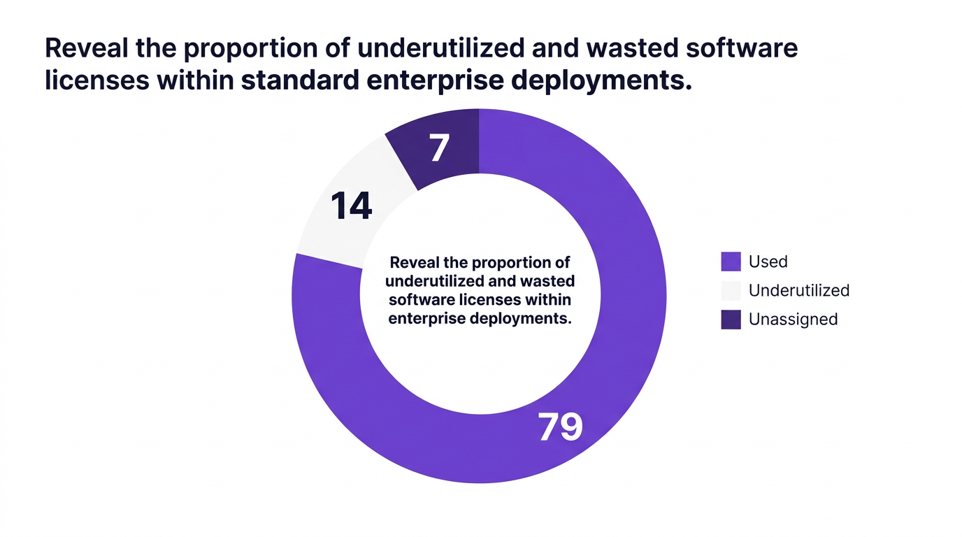 Pie chart showing reveal the proportion of underutilized and wasted software licenses within standard enterprise deployments. — data visualization for average percentage of underutilized or unassigned m365 licenses by enterprise