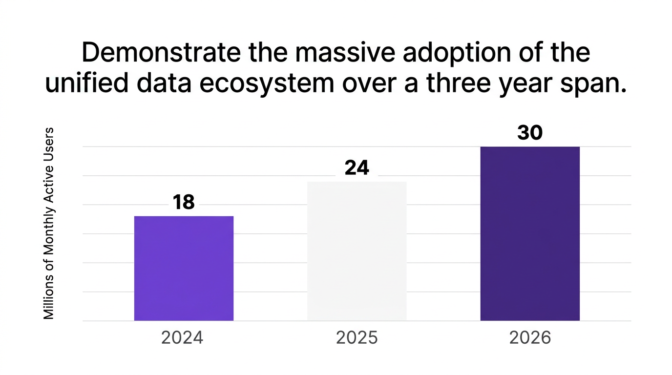 Bar chart showing demonstrate the massive adoption of the unified data ecosystem over a three year span. — data visualization for millions of monthly active users