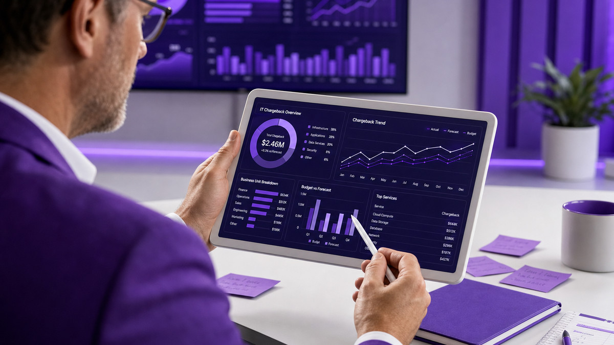 An IT finance leader reviewing a digital dashboard on a modern tablet, representing financial accountability.
