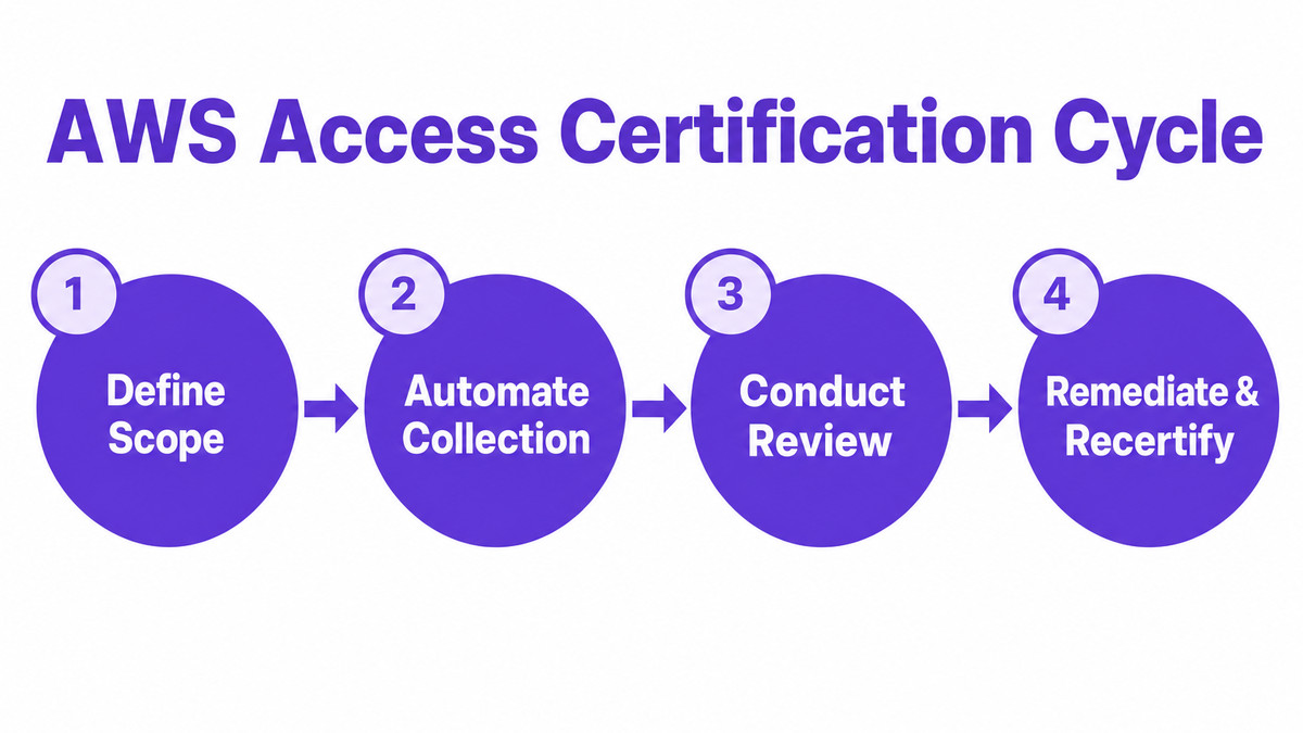 Four-step horizontal process flow for a standard AWS access certification cycle.