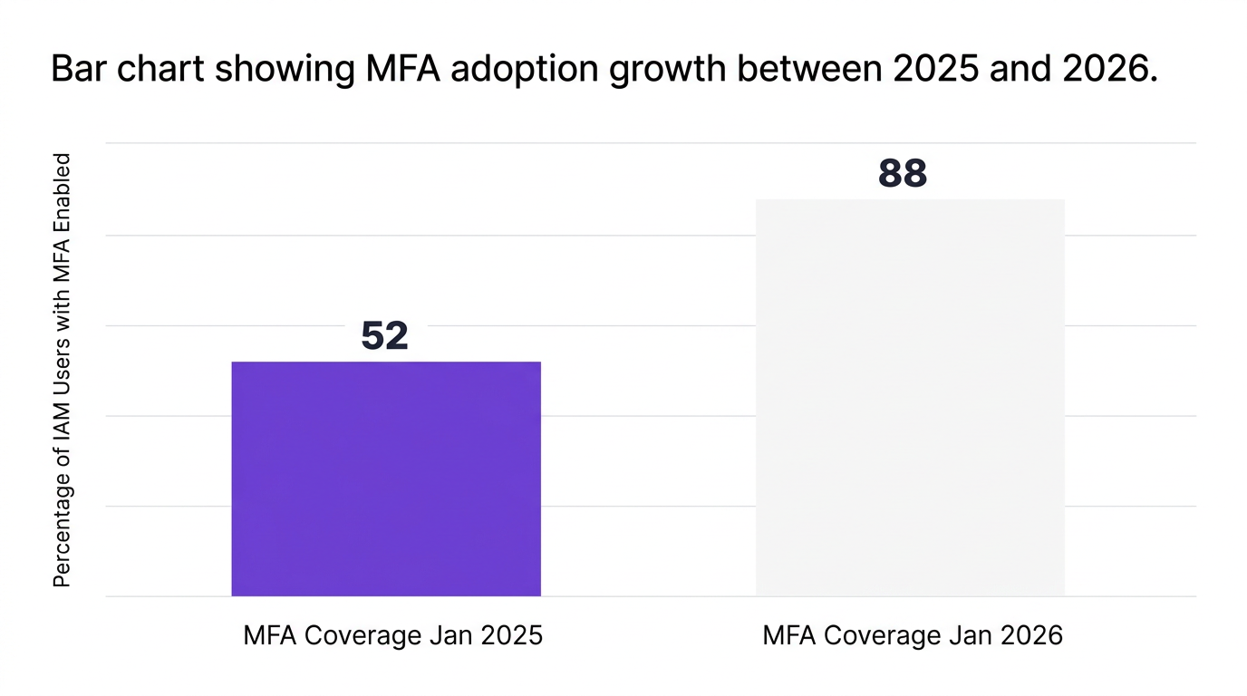 Bar chart showing bar chart showing mfa adoption growth between 2025 and 2026. — data visualization for percentage of iam users with mfa enabled