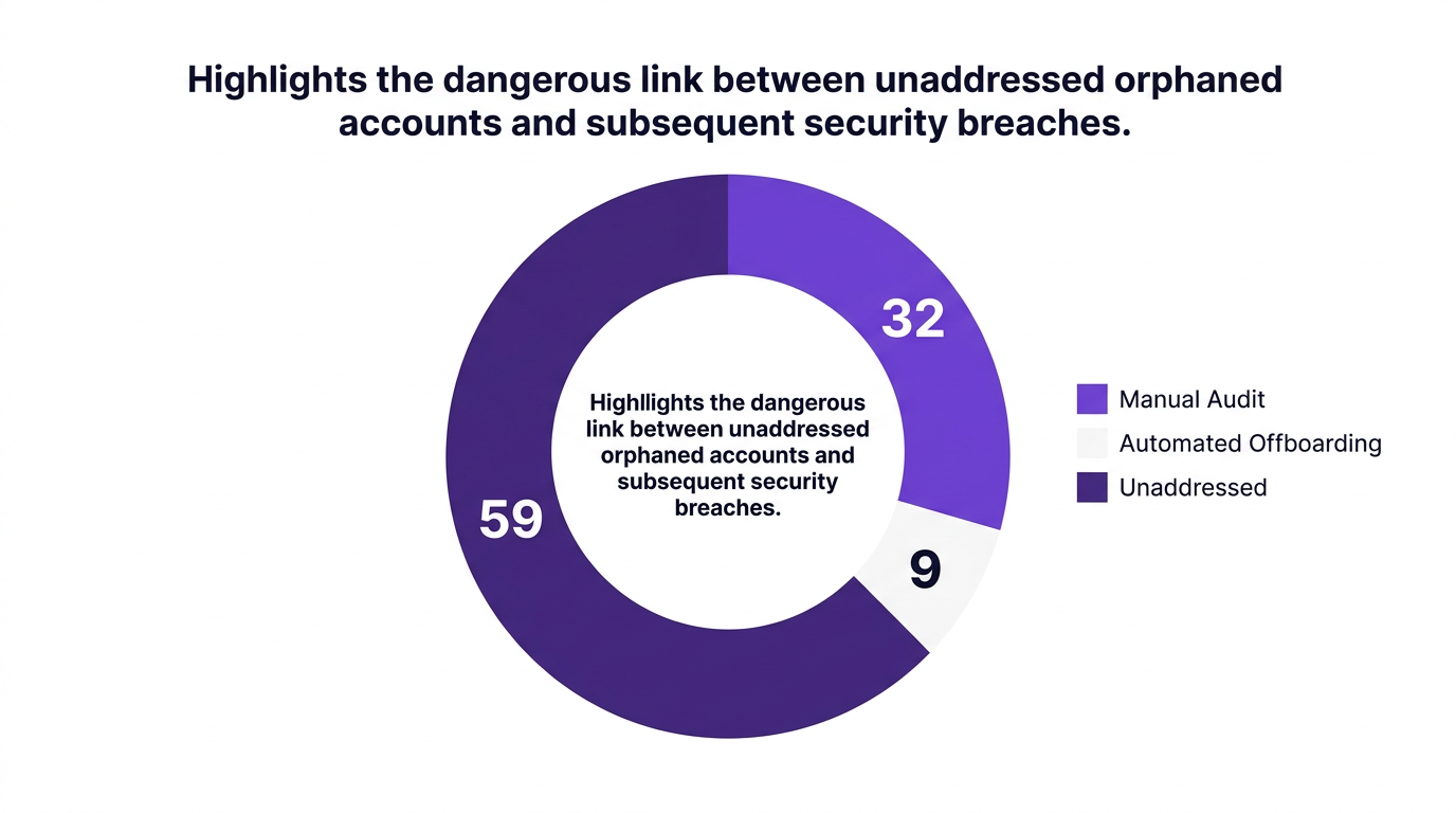 Pie chart showing highlights the dangerous link between unaddressed orphaned accounts and subsequent security breaches. — data visualization for orphaned account security incidents by remediation method