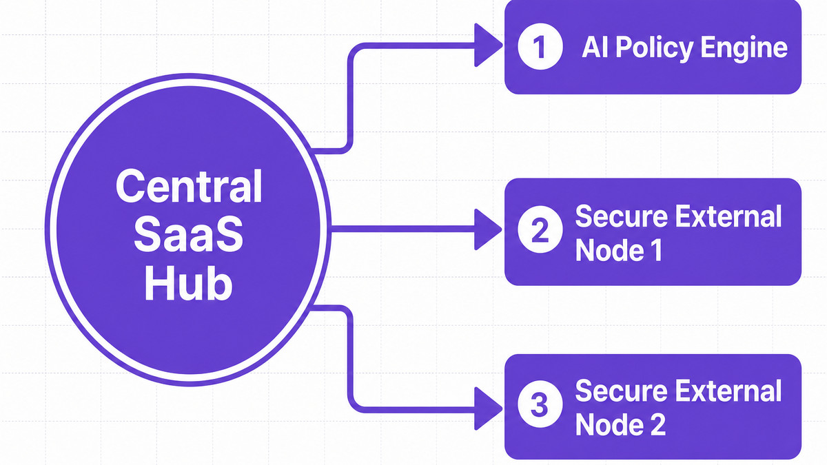 Architectural flowchart showing automated SaaS management governing decentralized intelligence applications.