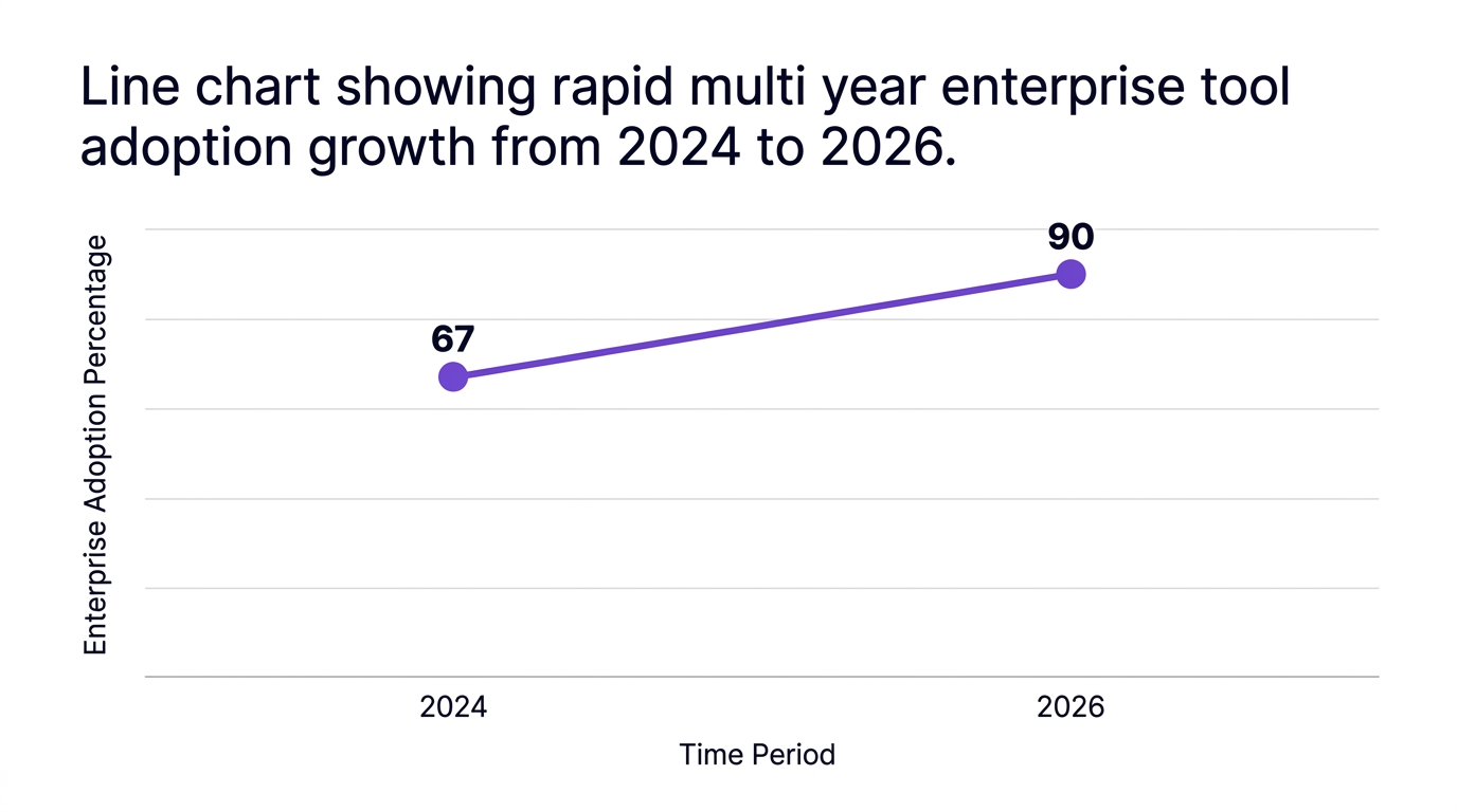 Line chart showing line chart showing rapid multi year enterprise tool adoption growth from 2024 to 2026. — data visualization for enterprise adoption percentage