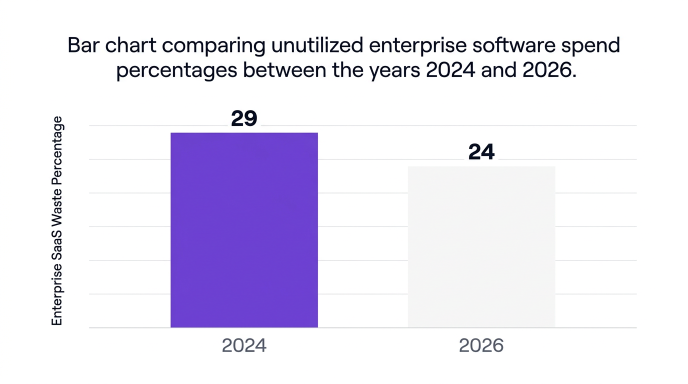 Bar chart showing bar chart comparing unutilized enterprise software spend percentages between the years 2024 and 2026. — data visualization for enterprise saas waste percentage