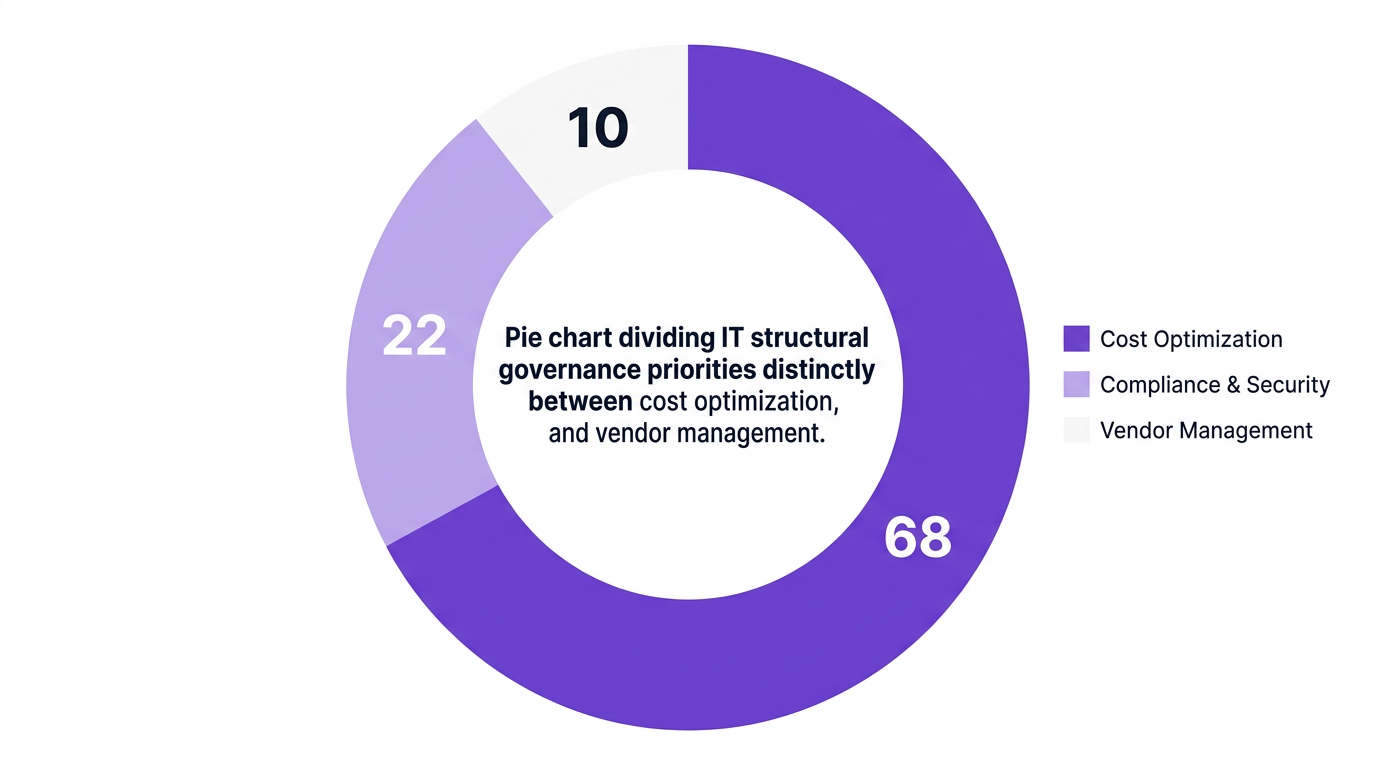 Pie chart showing pie chart dividing it structural governance priorities distinctly between cost optimization, compliance, and vendor management. — data visualization for it governance priority distribution
