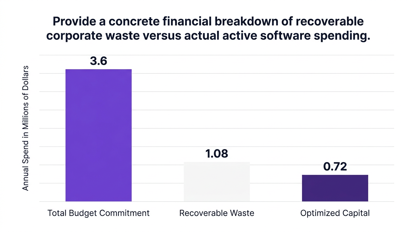 Provide a concrete financial breakdown of recoverable corporate waste versus actual active software spending.