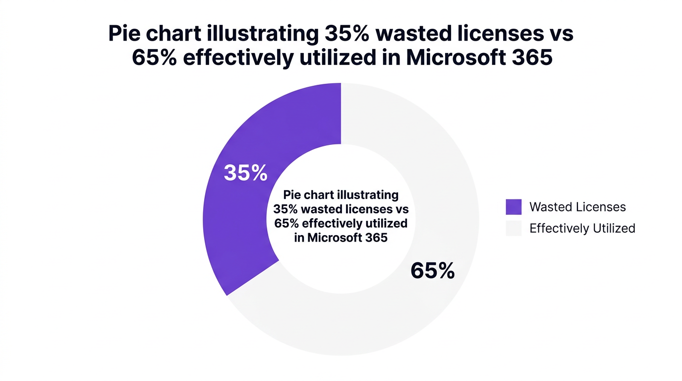 Pie chart showing pie chart illustrating 35% wasted licenses vs 65% effectively utilized in microsoft 365 — data visualization for microsoft 365 licensing status
