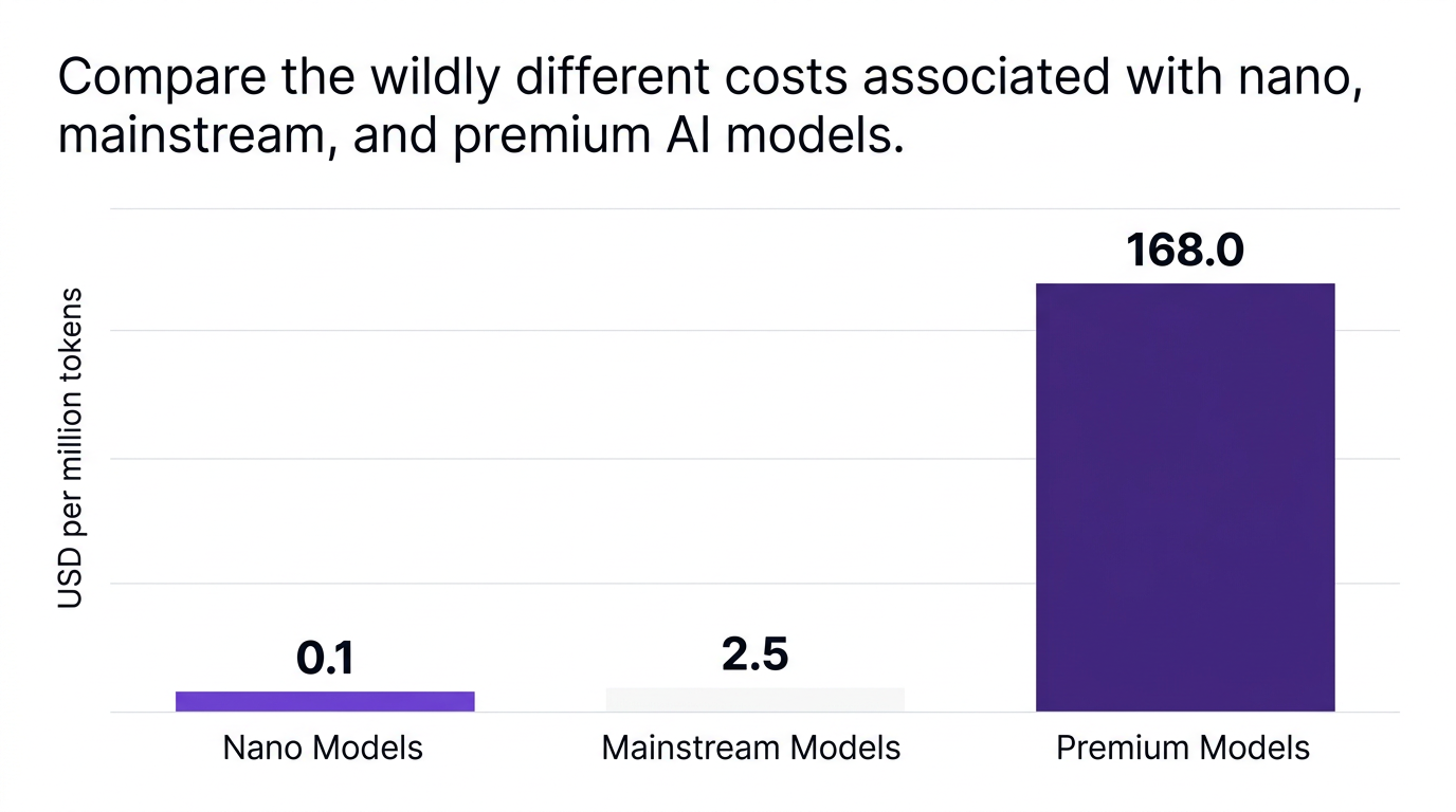 Bar chart showing compare the wildly different costs associated with nano, mainstream, and premium ai models. — data visualization for usd per million tokens