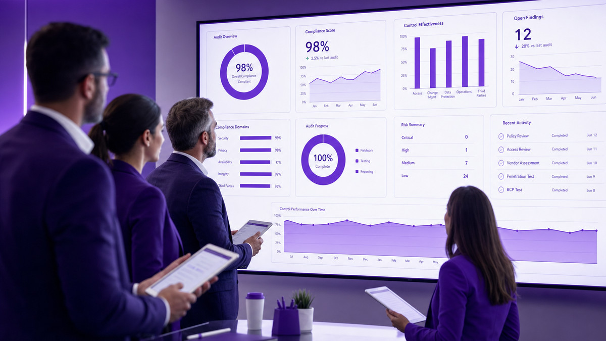 Corporate technology leaders reviewing an expansive compliance and systems audit dashboard.