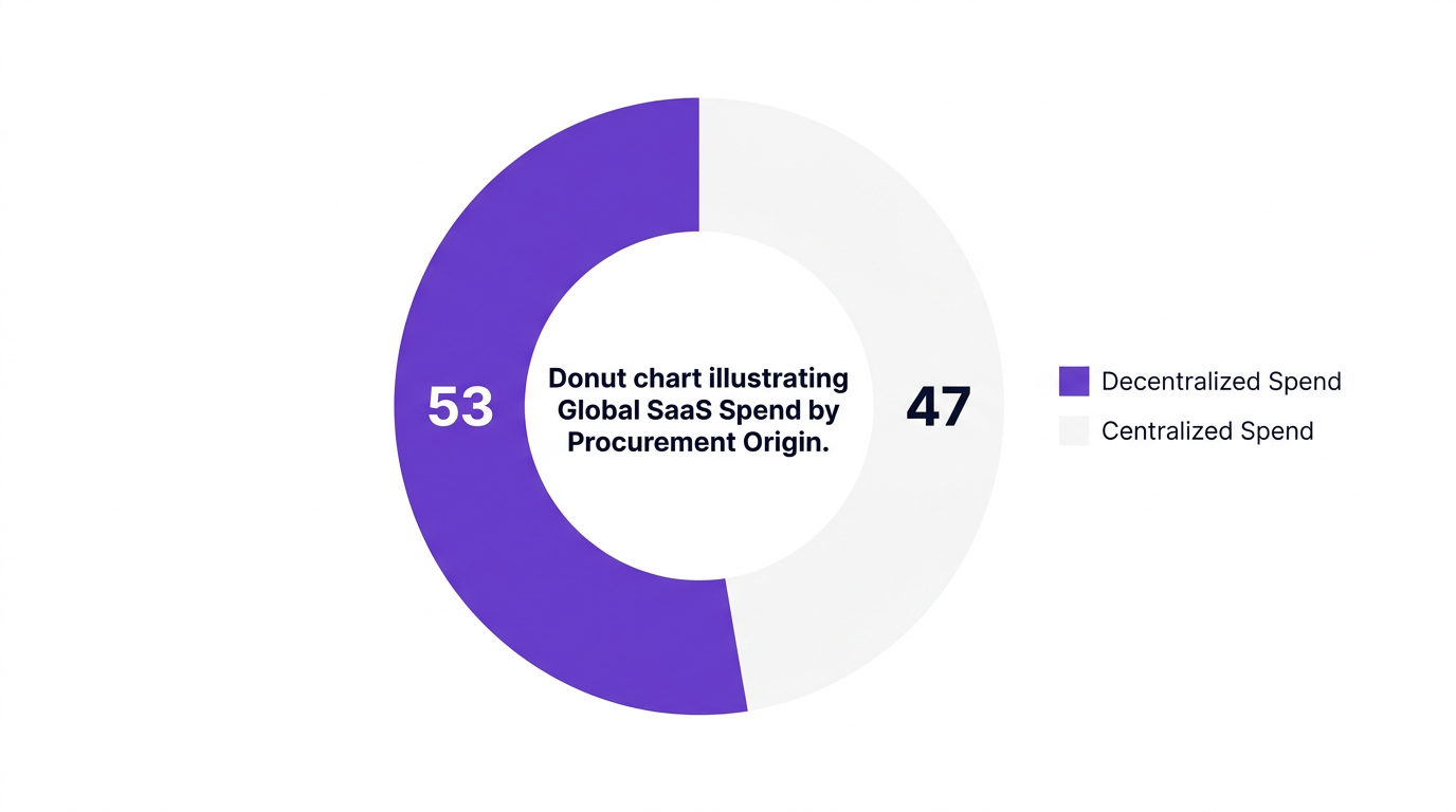 Pie chart showing donut chart illustrating global saas spend by procurement origin. — data visualization for global saas spend by procurement origin