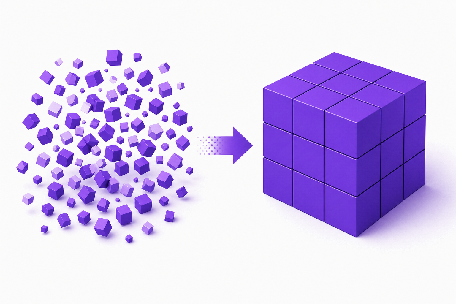 Illustration contrasting fragmented scattered data tiles with neatly organized large data blocks.