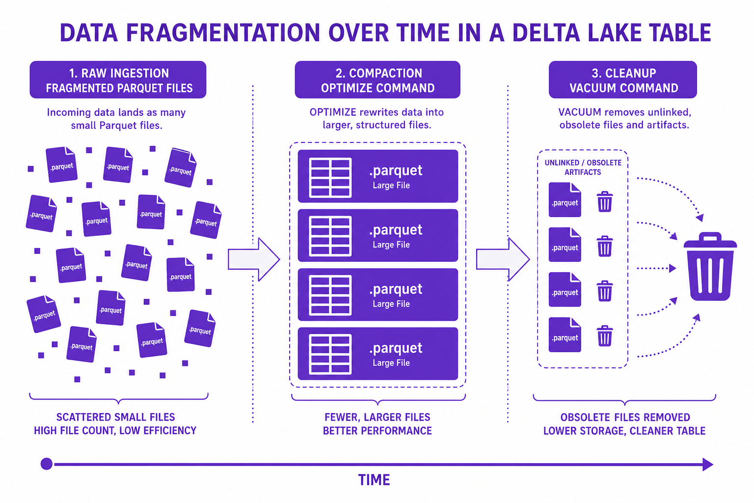 Diagram showing the flow of data fragmentation, optimization, and vacuum cleanup in Delta Lake.