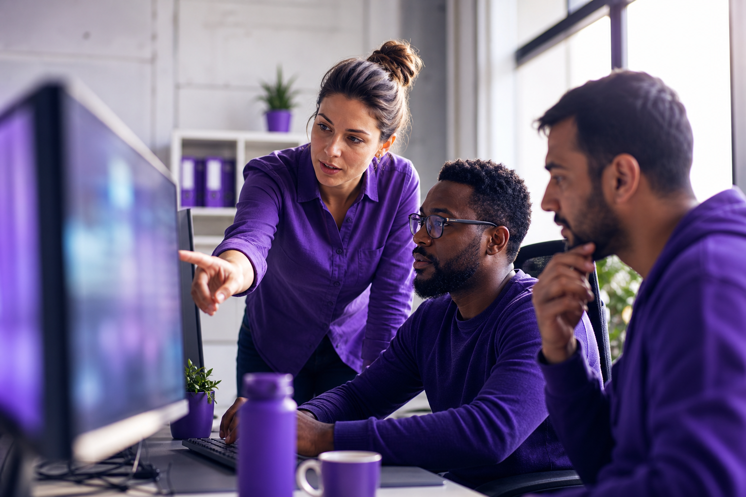 IT operations team collaborating near workstation screens showing out of focus data views.